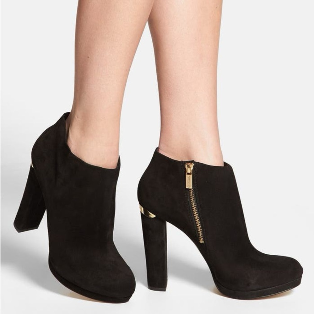Michael Kors Haven Platform Booties‎ Black Suede Ankle with Gold Accents 9 M